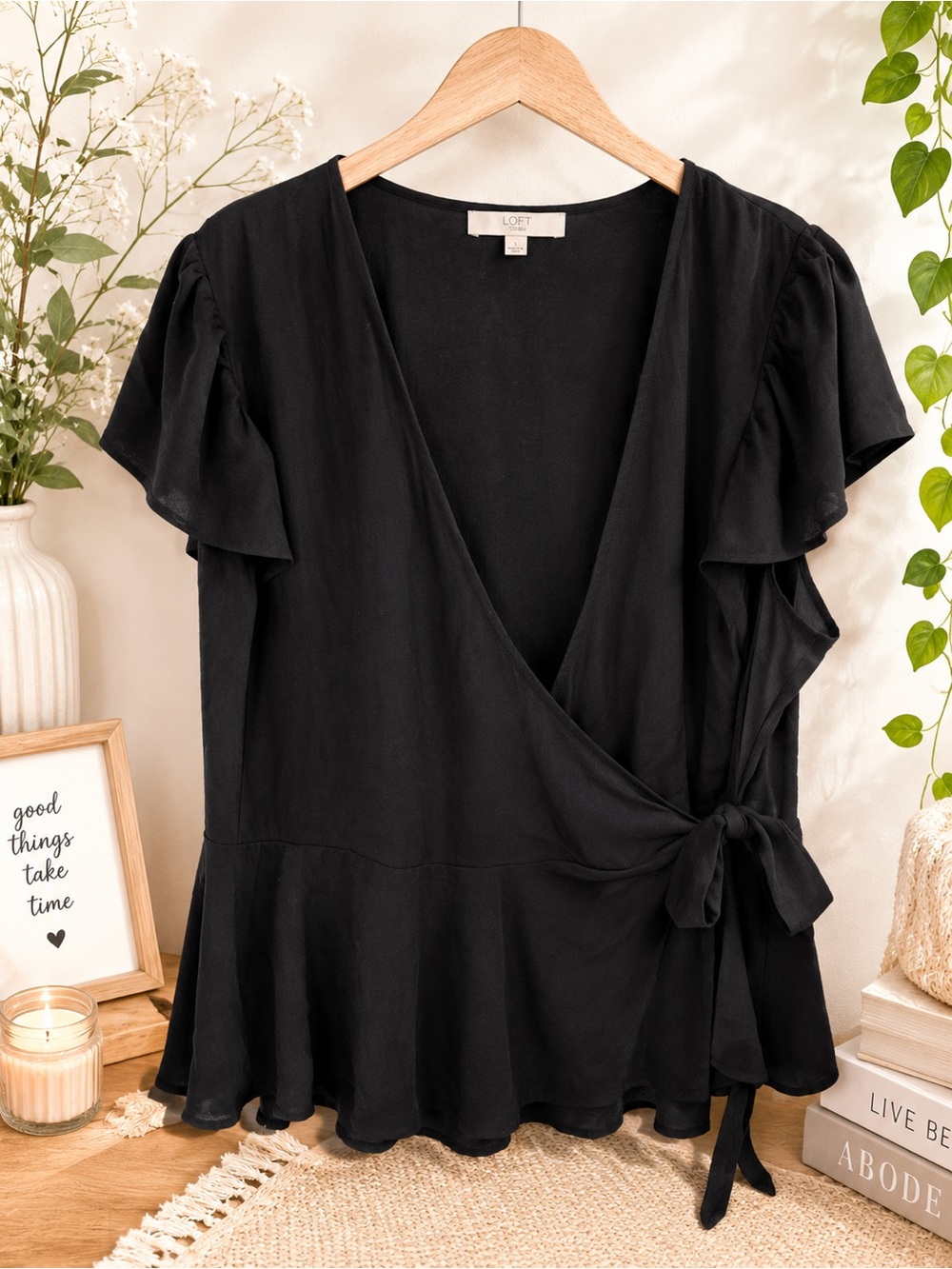 LOFT Black Wrap Flutter Sleeve Peplum Blouse